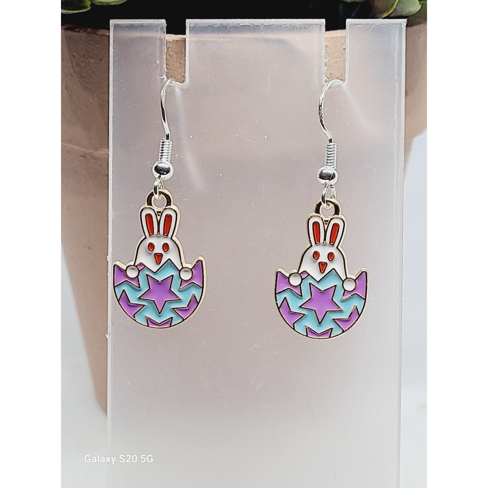 Easter Bunny in Egg Enamel Dangle Earrings Pastel Purple Blue Gold Tone Holiday